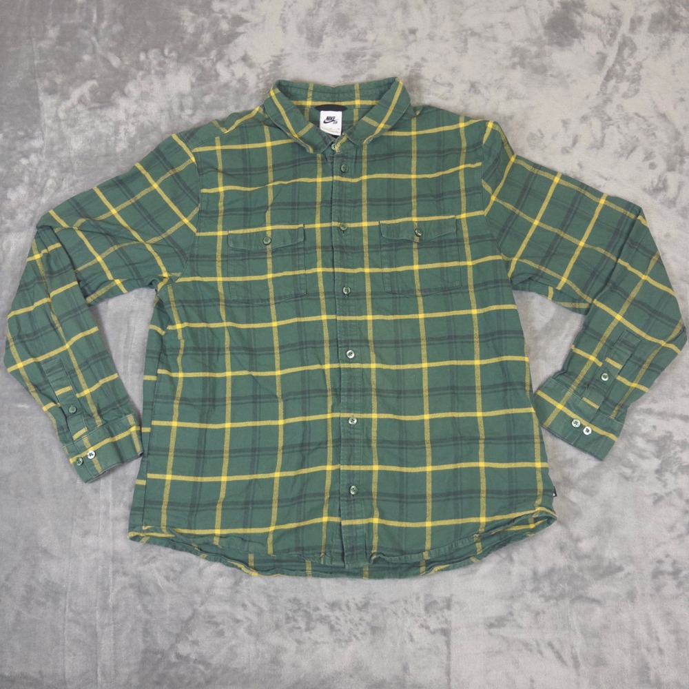 Nike SB Flannel Shirt Mens XL Green Yellow Plaid Long Sleeve Button Down Skate